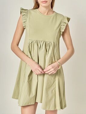 English Factory Mixed Media Mini Ruffle Sleeve Media Dress, Sage - Medium